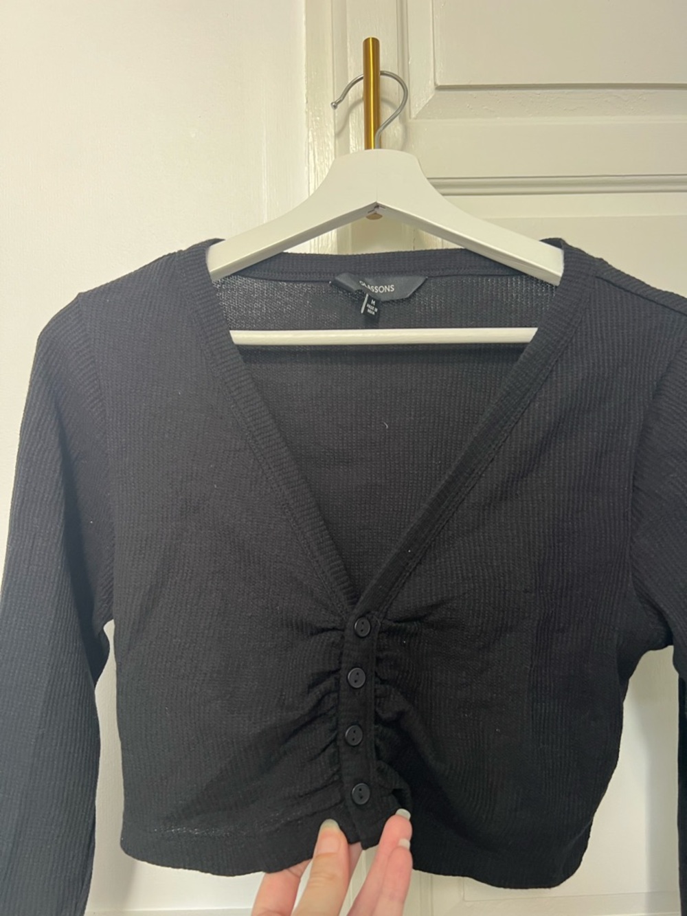 Black Ribbed Cropped Button-Front Top